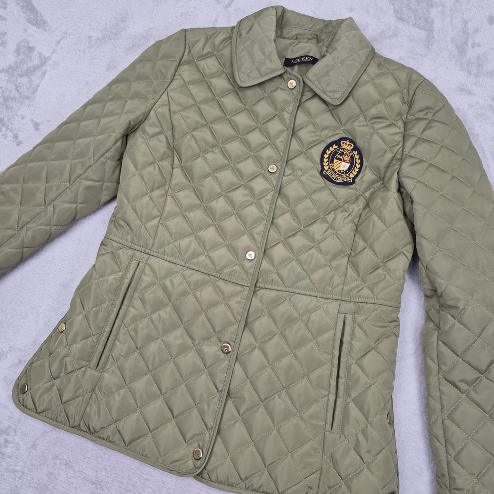 Lauren Ralph Lauren Women Olive Green Diamond Quilted Crest Patch Jacket Small